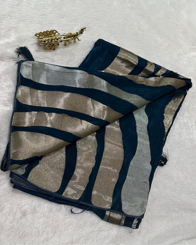 Designer silk saree Mashru Satin Teal Blue Shade | Glow & Glitter Boutique