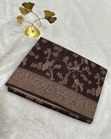 Premium Tussar silk saree Coco Brown & Peacock Zari Design | Glow & Glitter Boutique