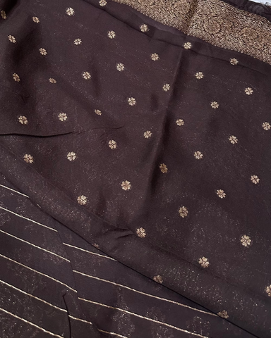 Premium Tussar silk saree Coco Brown & Peacock Zari Design | Glow & Glitter Boutique
