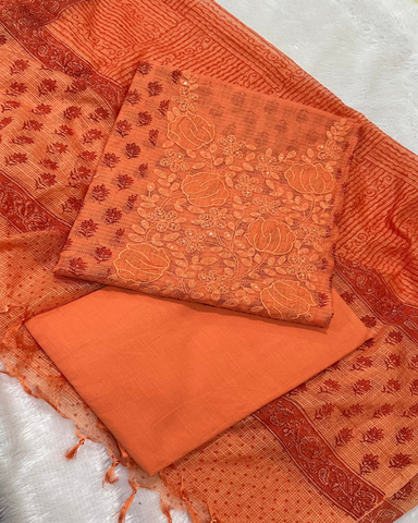 Kota Silk Fabric Shalwar Suit Orange Shade | Glow & Glitter Boutique