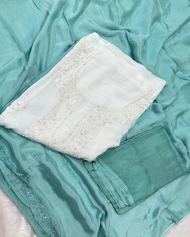 Chinnon Silk Shalwar Suit With Chikankari Work White with Aqua Blue | Glow & Glitter Boutique