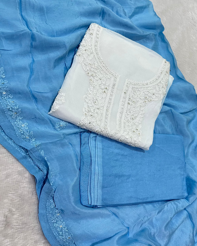Chinnon Silk Shalwar Suit With Chikankari Work White with Sky blue | Glow & Glitter Boutique