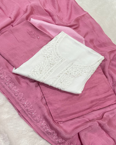 Chinnon Silk Shalwar Suit With Chikankari Work White with Pink | Glow & Glitter Boutique
