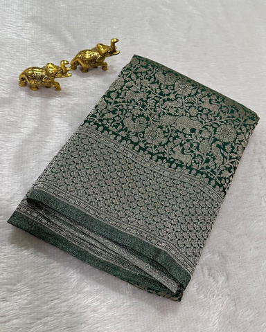 Banaras Brocade Silk Saree Bottle Green With Silver Zari Design | Glow & Glitter Boutique