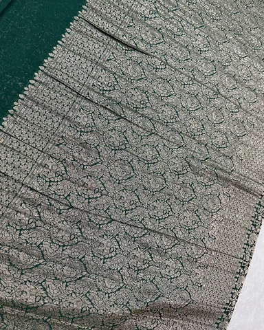 Banaras Brocade Silk Saree Bottle Green With Silver Zari Design | Glow & Glitter Boutique
