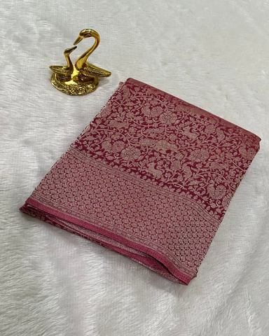 Banaras Brocade Silk Saree Deep Maroon With Silver Zari Design | Glow & Glitter Boutique