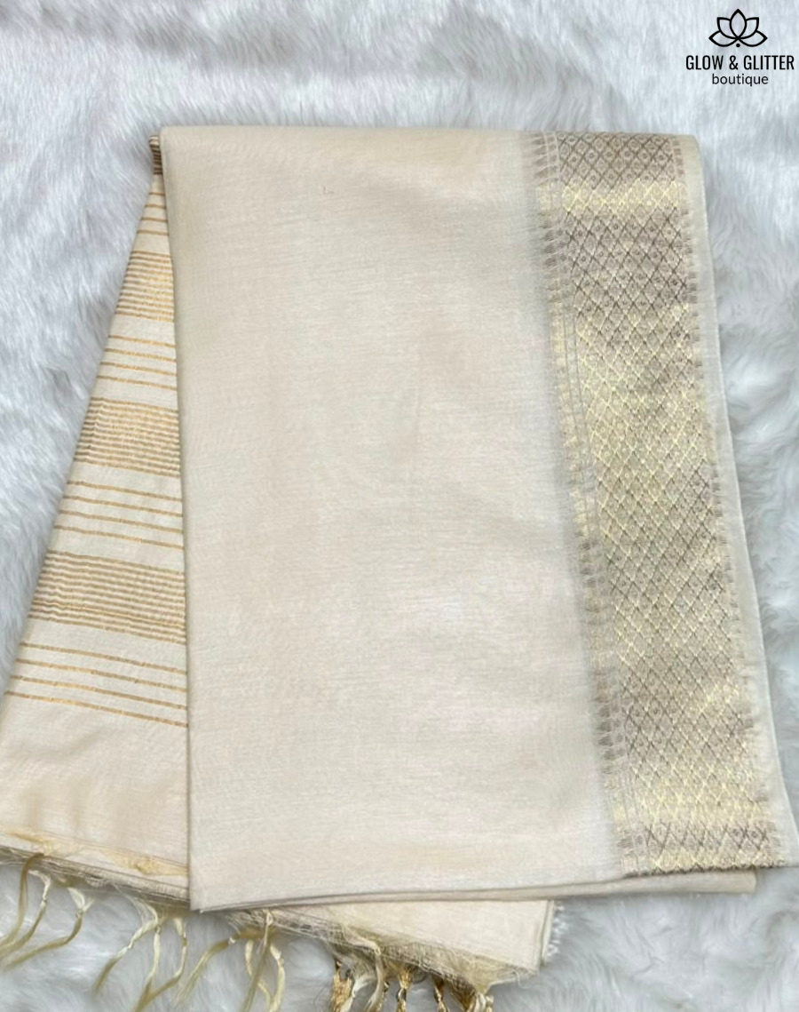 Premium Kerala Kasavu Onam Saree with Rhombus Zari Border | Glow & Glitter Boutique