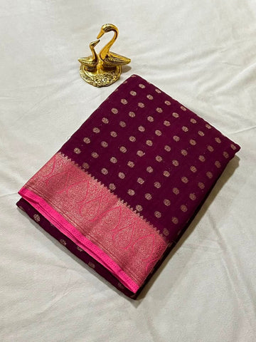 Premium Banaras georgette silk wine brown shade | Glow & Glitter Boutique