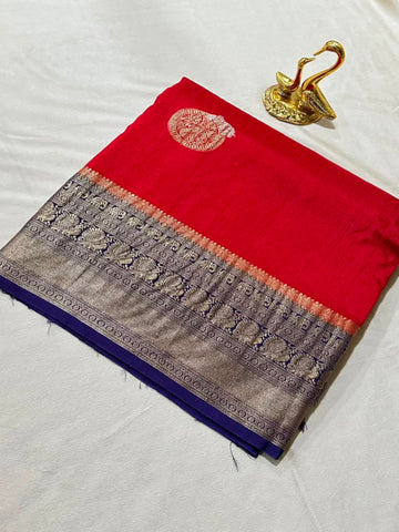 Premium magma tussar silk saree with grand pallu and blouse Rani Pink shade Purple Color Border | Glow & Glitter Boutique