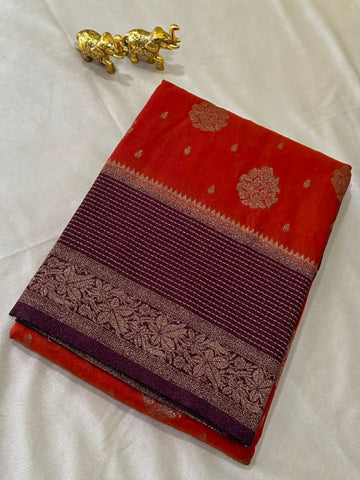 Premium Banaras silk with blouse rust shade | Glow & Glitter Boutique