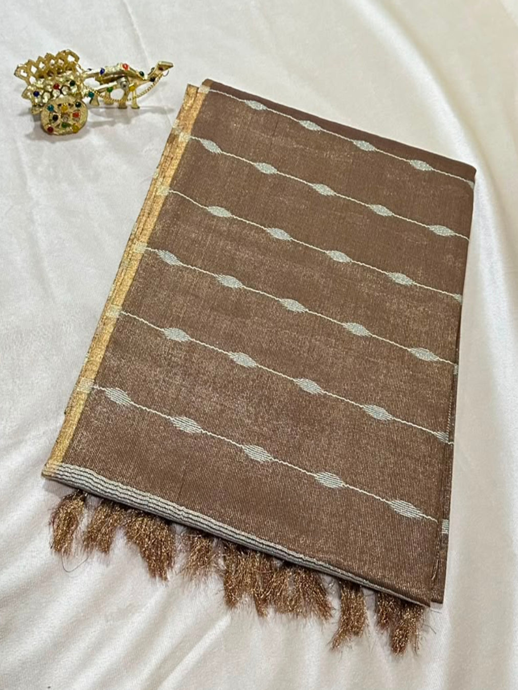 Tissue Linen Silk Mocha Brown with Antique Gold Zari Border | Glow & Glitter Boutique