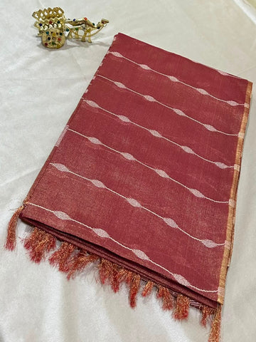 Tissue Linen Silk Dusty Rose with Antique Gold Zari Border | Glow & Glitter Boutique