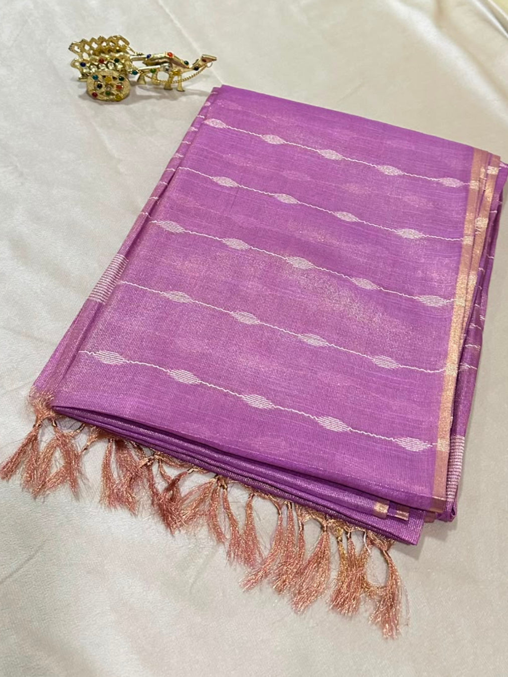 Tissue Linen Silk Lavender Purple Shade with Gold Zari Border | Glow & Glitter Boutique