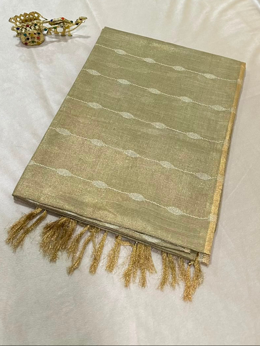 Tissue Linen Silk Champagne Gold with Rich Gold Zari Border | Glow & Glitter Boutique