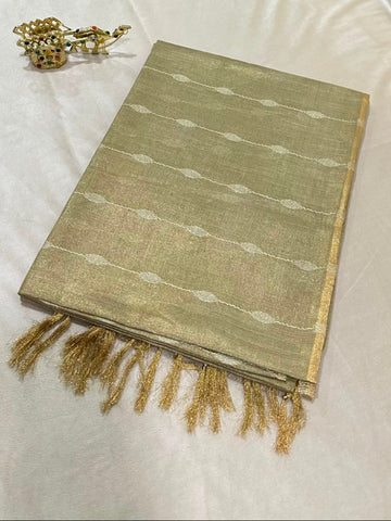 Tissue Linen Silk Champagne Gold with Rich Gold Zari Border | Glow & Glitter Boutique