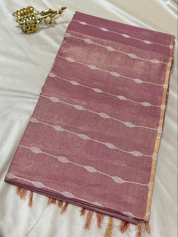 Tissue Linen Silk Dusty Mauve with Rose Gold Zari Border | Glow & Glitter Boutique
