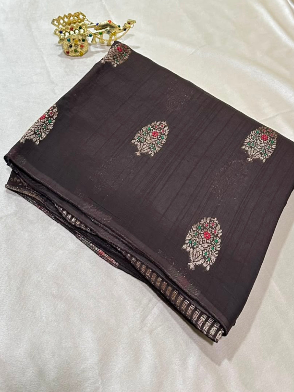 Matka tussar silk saree Dark Chocolate Brown Shade | Glow & Glitter Boutique