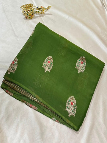 Matka tussar silk saree Olive Green Shade | Glow & Glitter Boutique