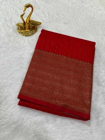 Ruby Red Banarasi Silk Saree with Antique Gold Zari Border | Glow & Glitter Boutique