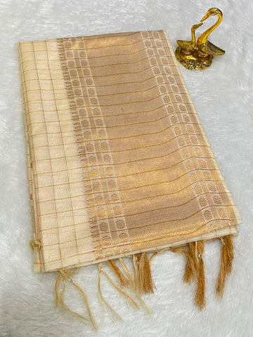 Traditional Kerala Kasavu Saree in Ivory with Rich Golden Zari Border | glow & Glitter Boutique