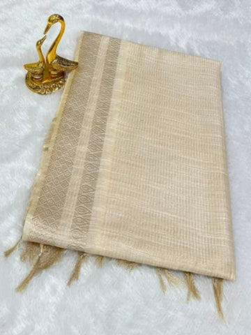 Kerala Kasavu Silk Saree Ivory Beige with Gold Zari Border | Glow & Glitter Boutique