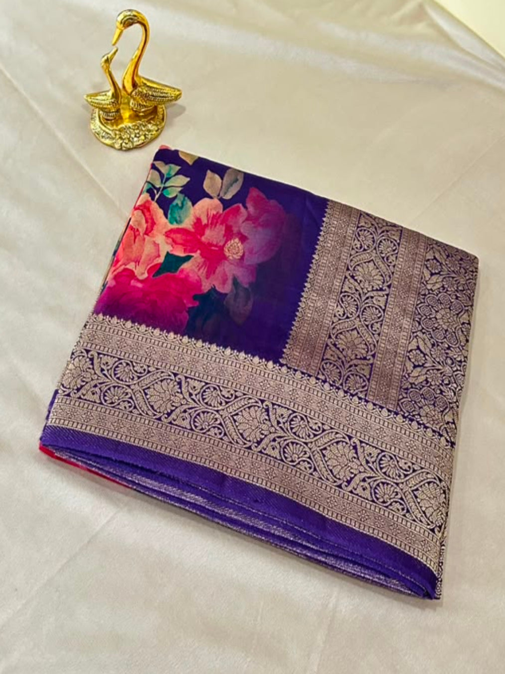 Banaras digital silk saree Royal Purple with Silver Zari Border | Glow & Glitter Boutique