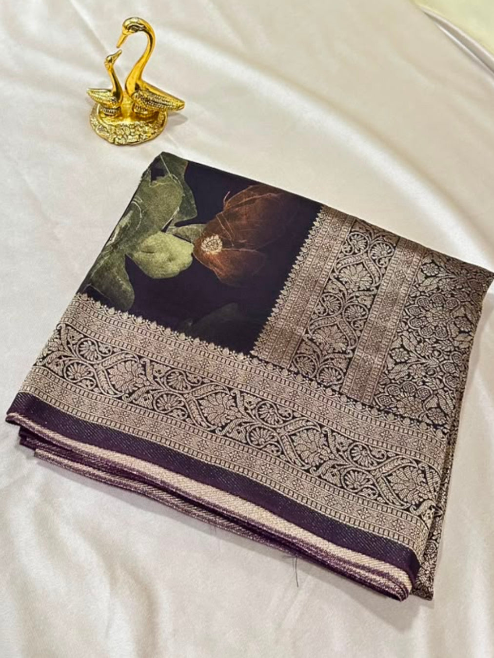 Banaras digital silk saree Deep Chocolate Brown Shade | Glow & Glitter Boutique