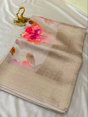 Banaras digital silk saree Chikoo Beige Floral | Glow & Glitter Boutique