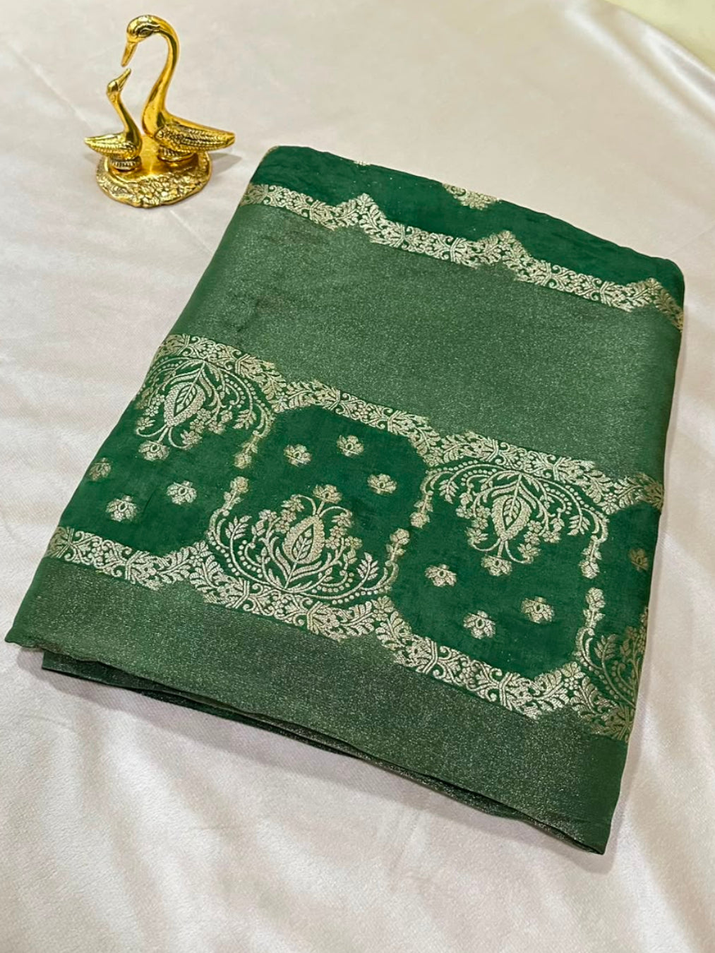 Premium HO silk saree Bottle Green with Gold Zari Work | Glow & Glitter Boutique