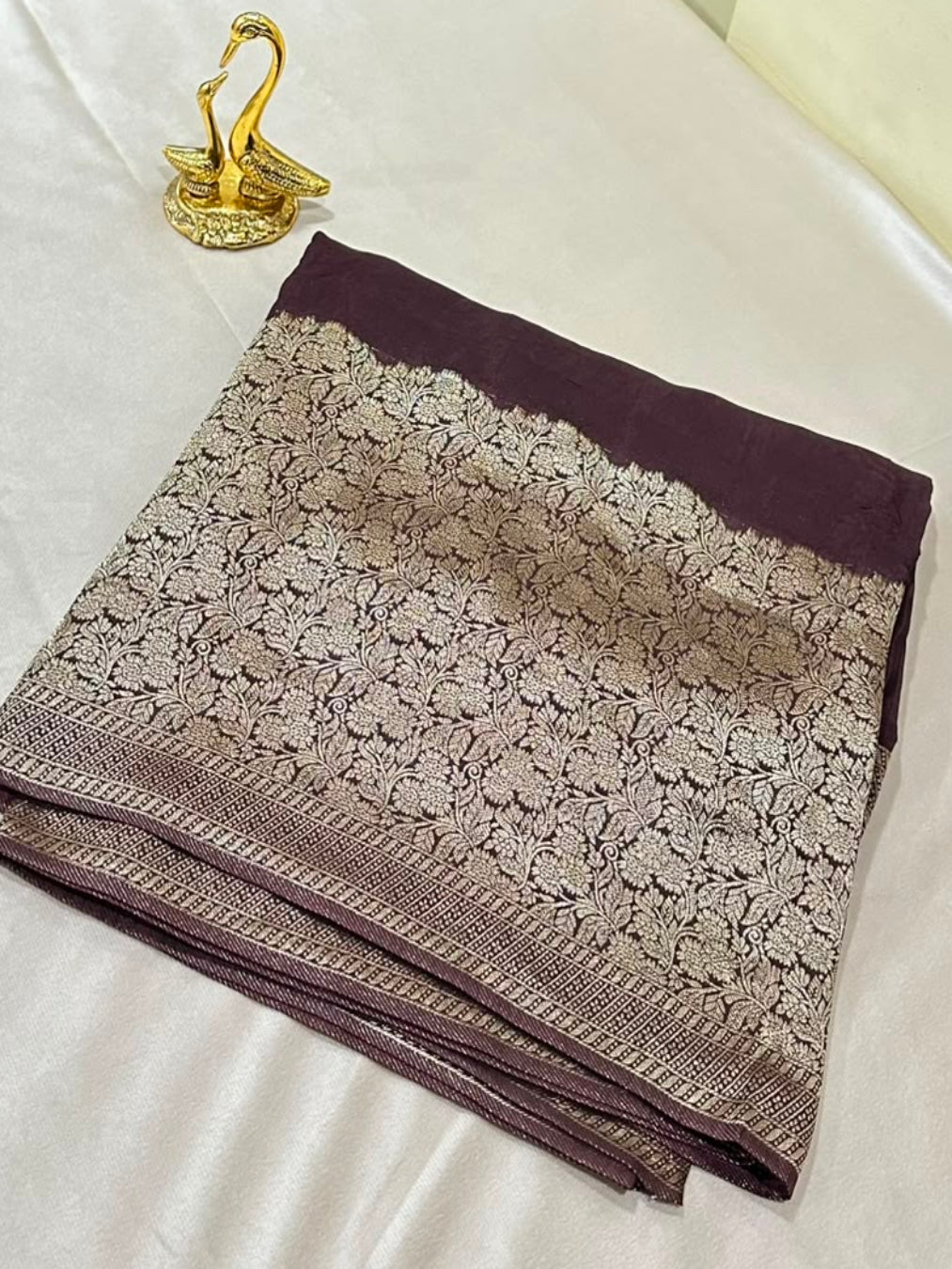 Premium HO silk saree Deep Chocolate Brown With Zari Gold Border | Glow & Glitter Boutique