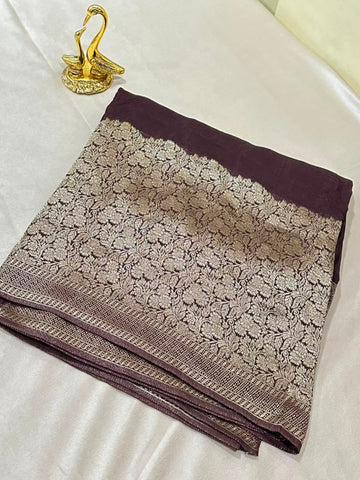 Premium HO silk saree Deep Chocolate Brown With Zari Gold Border | Glow & Glitter Boutique