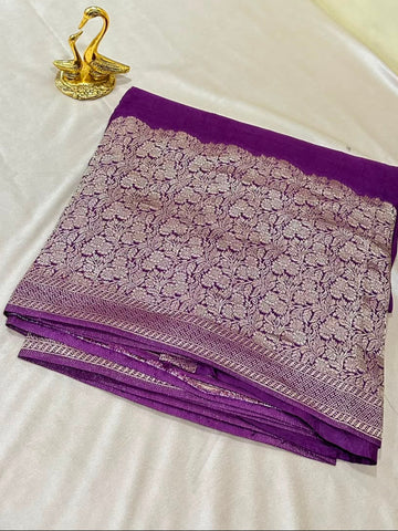 Premium HO silk saree Royal Purple Shade With Gold Zari Border | Glow & Glitter Boutique