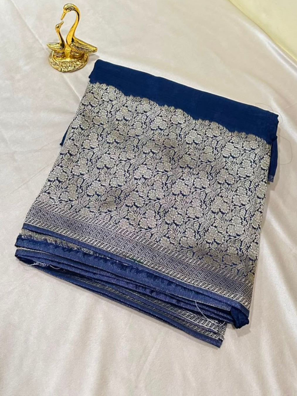 Premium HO silk saree Deep Teal Blue Shade With Gold Zaro Border | Glow & Glitter Boutique