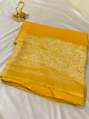 Premium HO silk saree Gold Yellow Shade With Gold Zari Border | Glow & Glitter Boutique