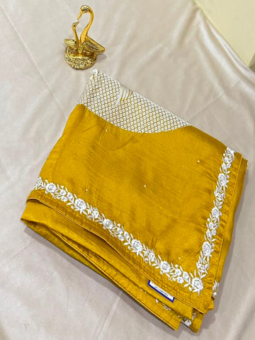 Premium Tussar Silk Saree with rich embroidery Mustard Yellow | Glow & Glitter Boutique