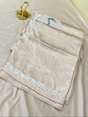 Premium Tussar silk saree with rich embroidery Ivory Mix Chikoo Shade | Glow & Glitter Boutique