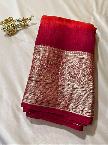 Banaras 3D silk Dark Maroon Banarasi Border Rust & Chikoo Color With Running Blouse | Glow & Glitter Boutique