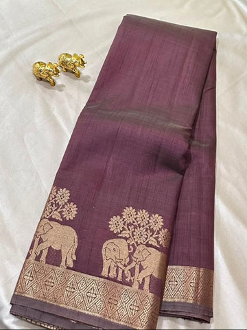 Semi Tussar Silk Saree Coco Brown Shade with Antique Gold Zari Elephant Border | Glow & Glitter Boutique