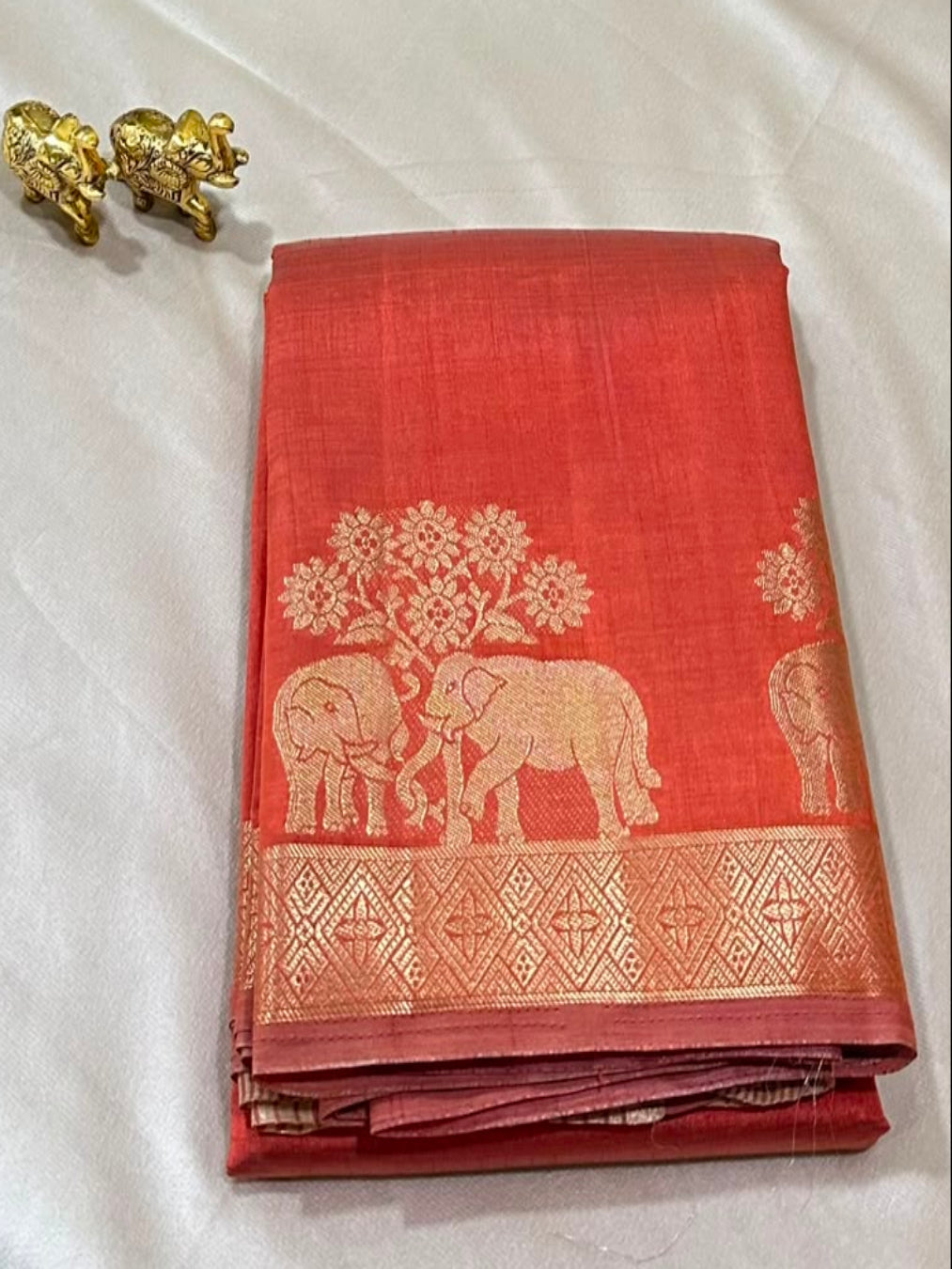 Semi Tussar Silk Saree Burnt Orange Shade with Antique Gold Zari Elephant Border | Glow & Glitter Boutique