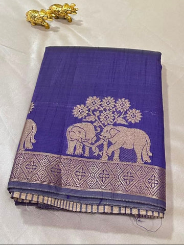 Semi tussar silk saree Lavender Purple Mix with Antique Gold Zari Elephant Border | Glow & Glitter Boutique