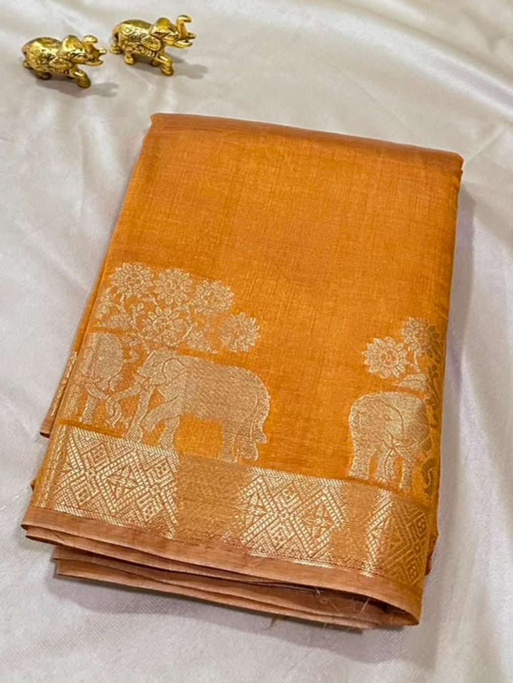 Semi Tussar Silk Saree Golden Mustard with Antique Gold Zari Elephant Border | Glow & Glitter Boutique