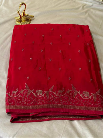 Banaras Crepe silk saree Cherry Red Color | Glow & Glitter Boutique