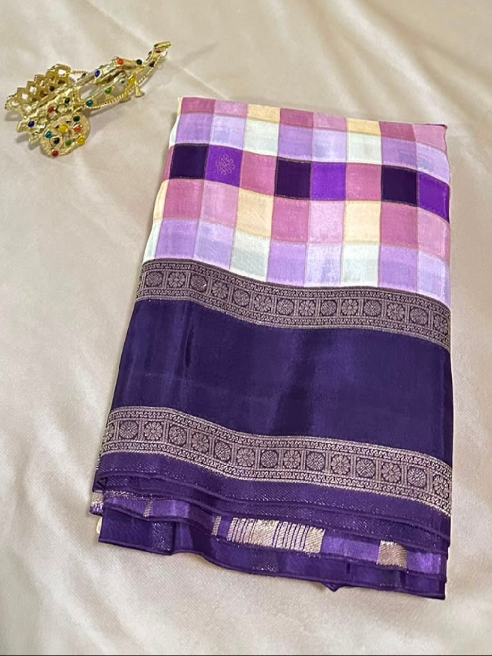 Premium Kanchi silk saree Royal Purple With Multi Checks | Glow & Glitter Boutique