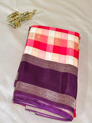 Premium Kanchi silk saree Pink, Peach & Cream Checks with Wine Border | Glow & Glitter Boutique