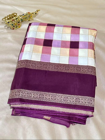Premium Kanchi Silk Saree Wine Border Multicolor Checked | Glow & Glitter Boutique