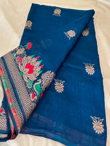 Matka Tussar Silk Peacock Blue with Gold Zari & Multicolor Border | Glow & Glitter Boutique