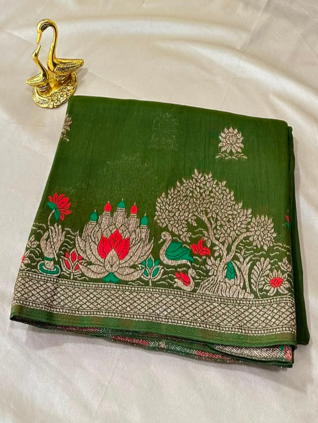Matka Tussar silk Olive Green Mix with Gold Zari & Multicolor Border | Glow & Glitter Boutique