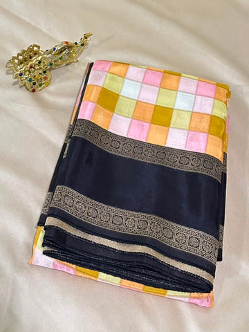 Premium Kanchi silk saree Pink, Peach & Mustard Checks with Black Border | Glow & Glitter Boutique