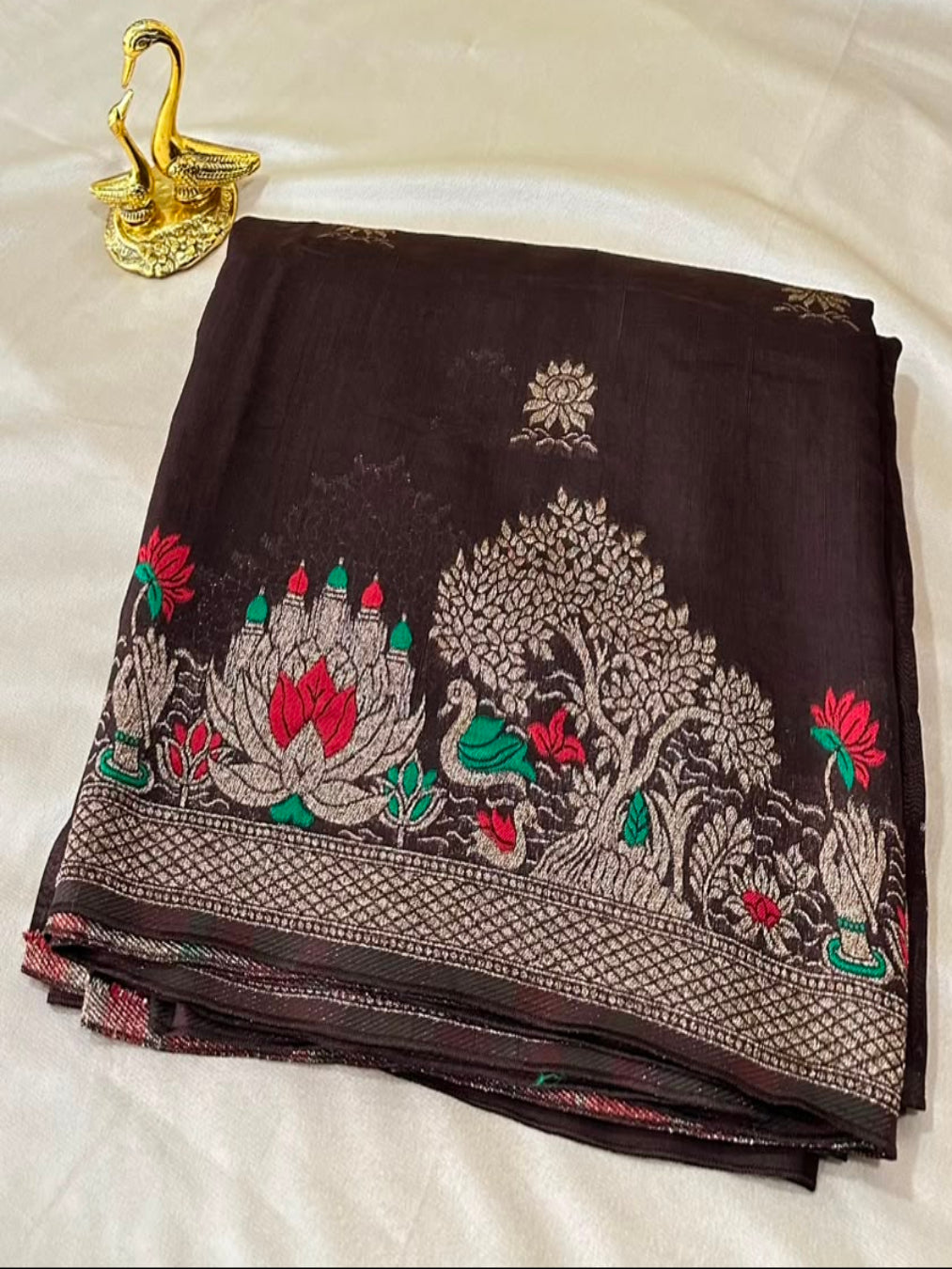 Matka Tussar Silk Dark Chocolate Brown Shade With Gold Zari | Glow & Glitter Boutique