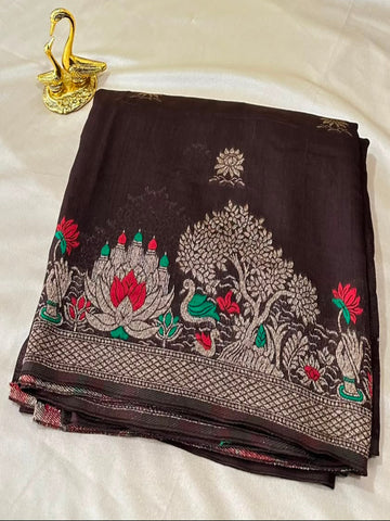 Matka Tussar Silk Dark Chocolate Brown Shade With Gold Zari | Glow & Glitter Boutique